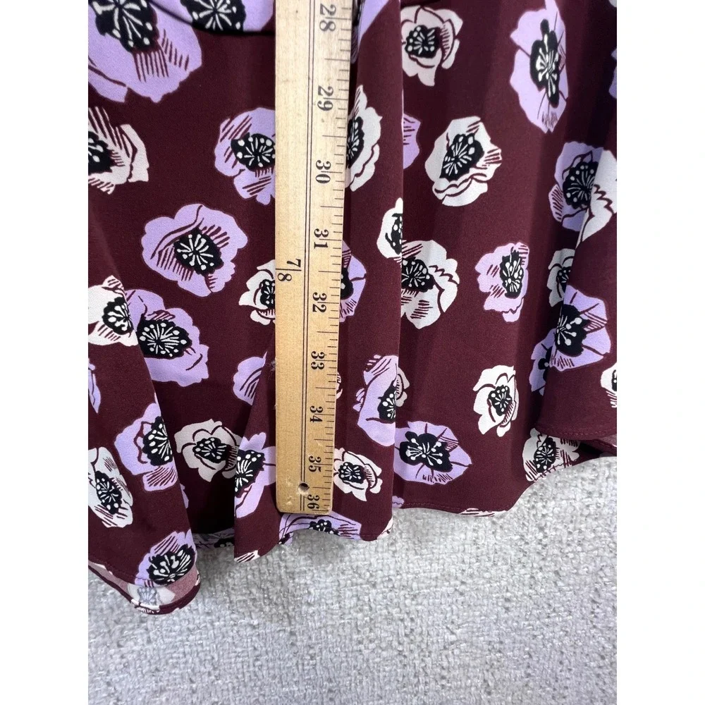Loft Burgundy Floral Poppy Long Sleeve Ruffle Hem‎ Dress Purple White Womens